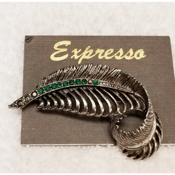 Express leaf pin gun metal gray with green rhinestones 81824 - Picture 1 of 3